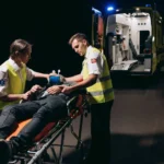 Paramedics attending to an injured person to load onto an ambulance.